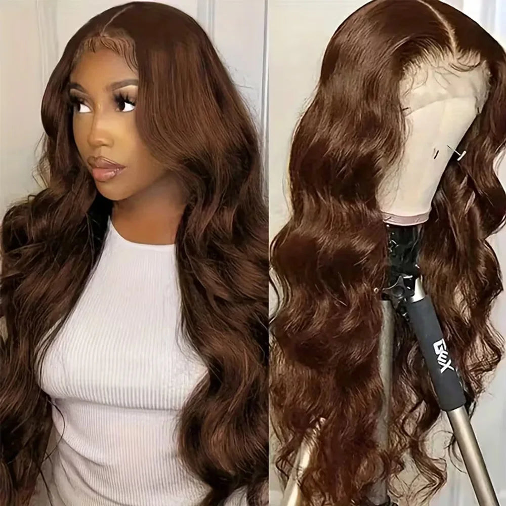 Chocolate Brown Long Body Wave Human Hair Lace Front Wig for Women