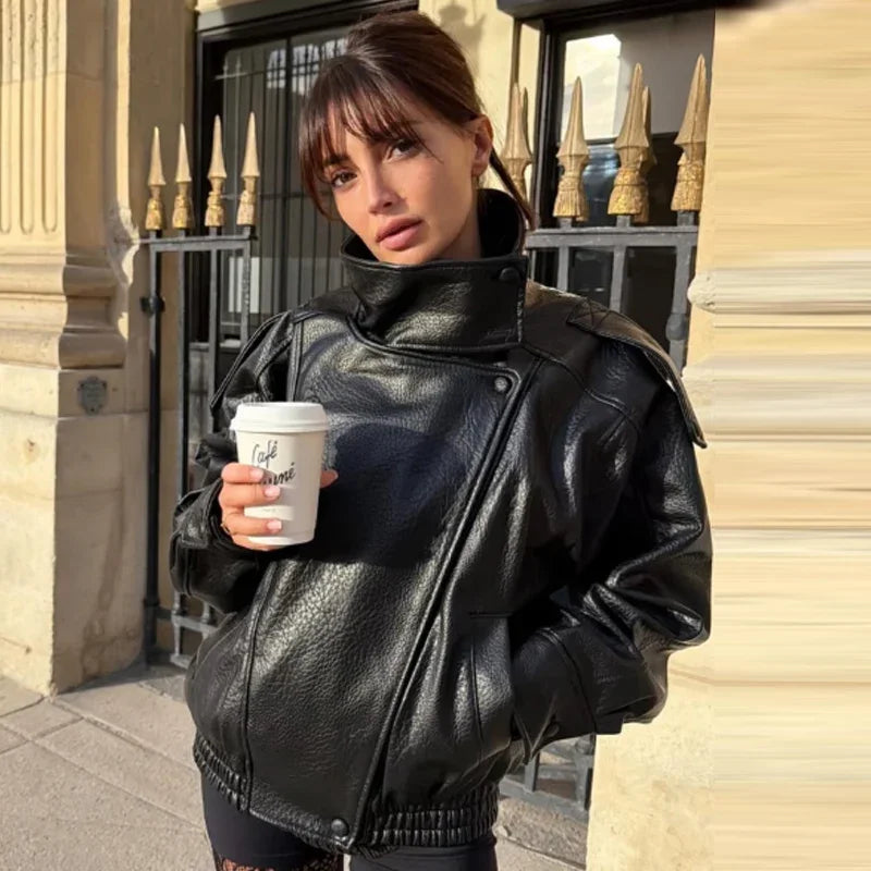 Cropped Oversized Black Leather Bomber Jacket for Women