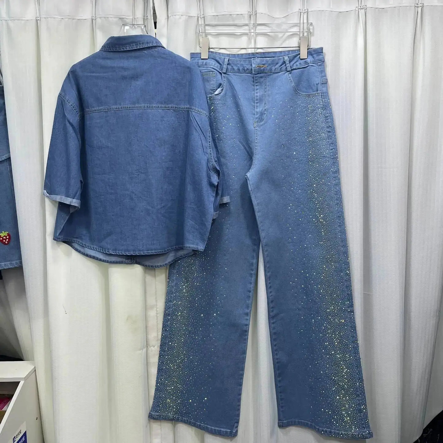 ANJY Autumn New Women's 2 Pieces Set Fashion Full Diamonds Short Sleeve Denim Shirt Elegant Fresh Straight Chic Ins Jeans A15818