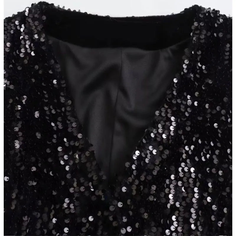 V Neck Single Breasted Sequin Sleeveless Waistcoat for Women