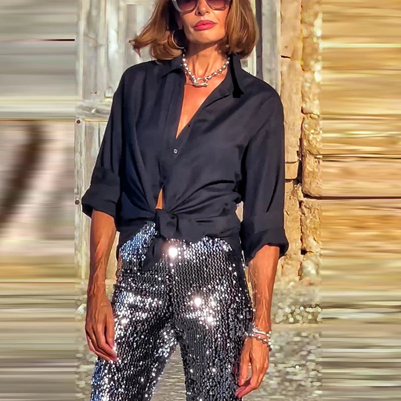 Shiny Sequins Club Party Elastic Waist Flared Pants for Women