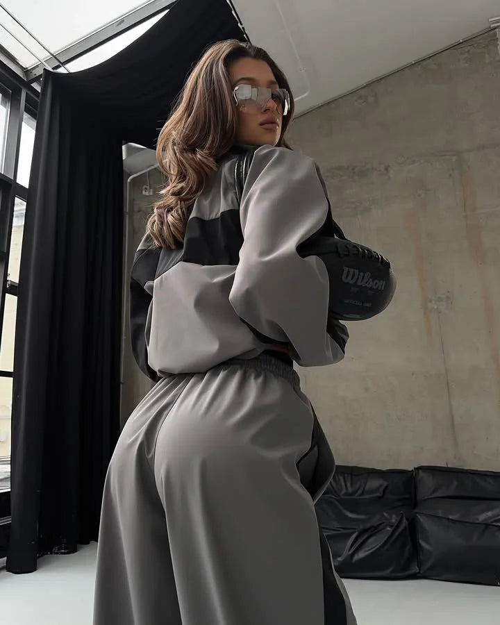 Casual Contrast Color Zipper Tracksuit Set for Women