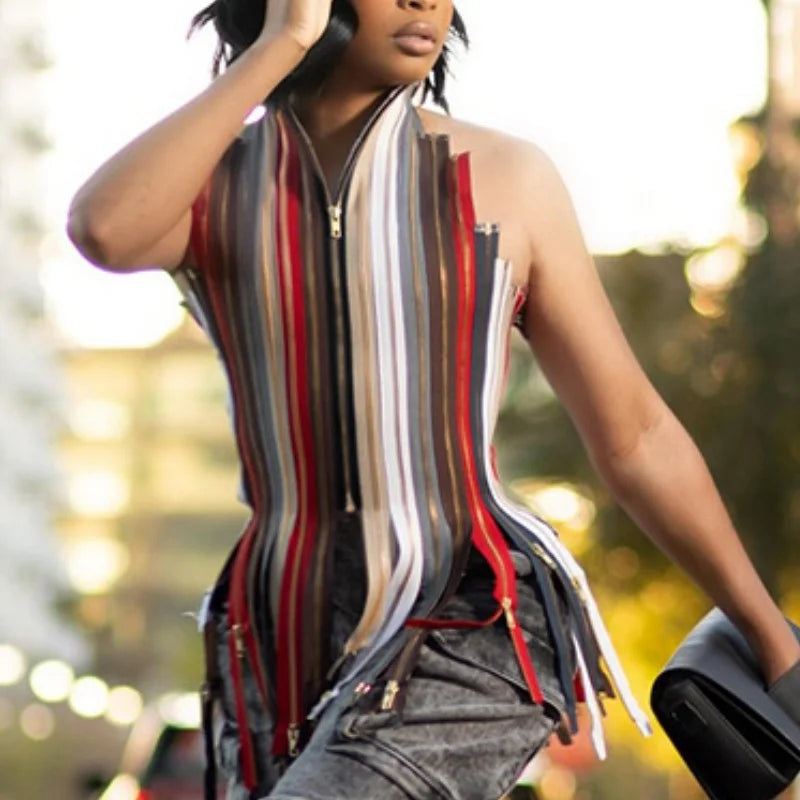 Multicolor Zipper Fringe Halter Top Backless Bodycon for Women