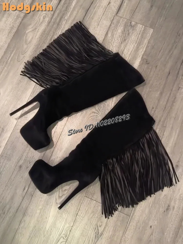 Fringe Suede Knee High Platform Heeled Boots for Women