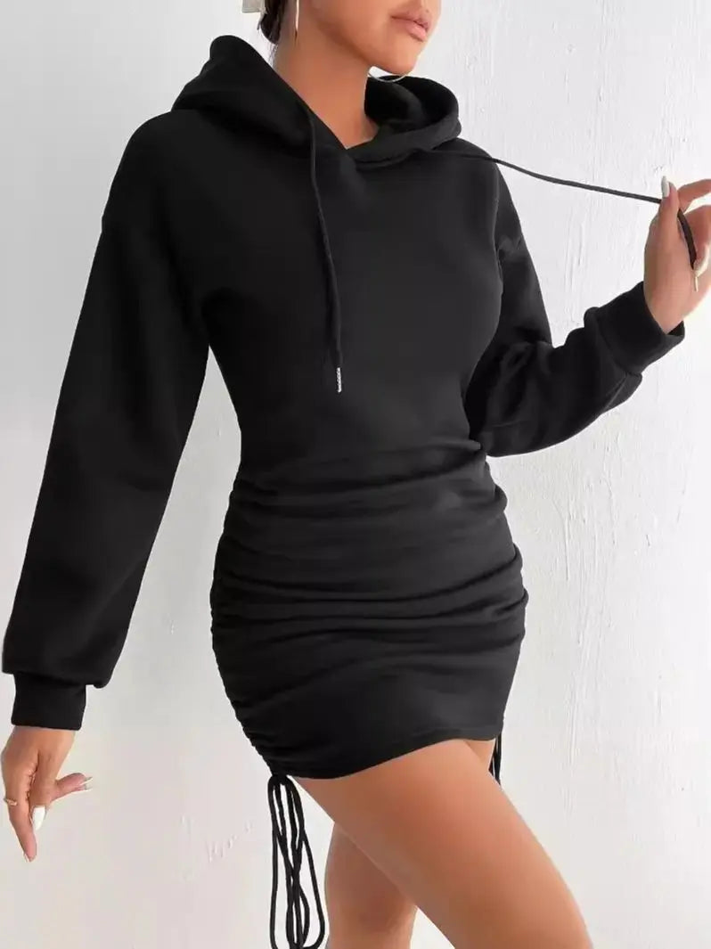 Pleated Hooded Drawstring Sweatshirt Dress for Women