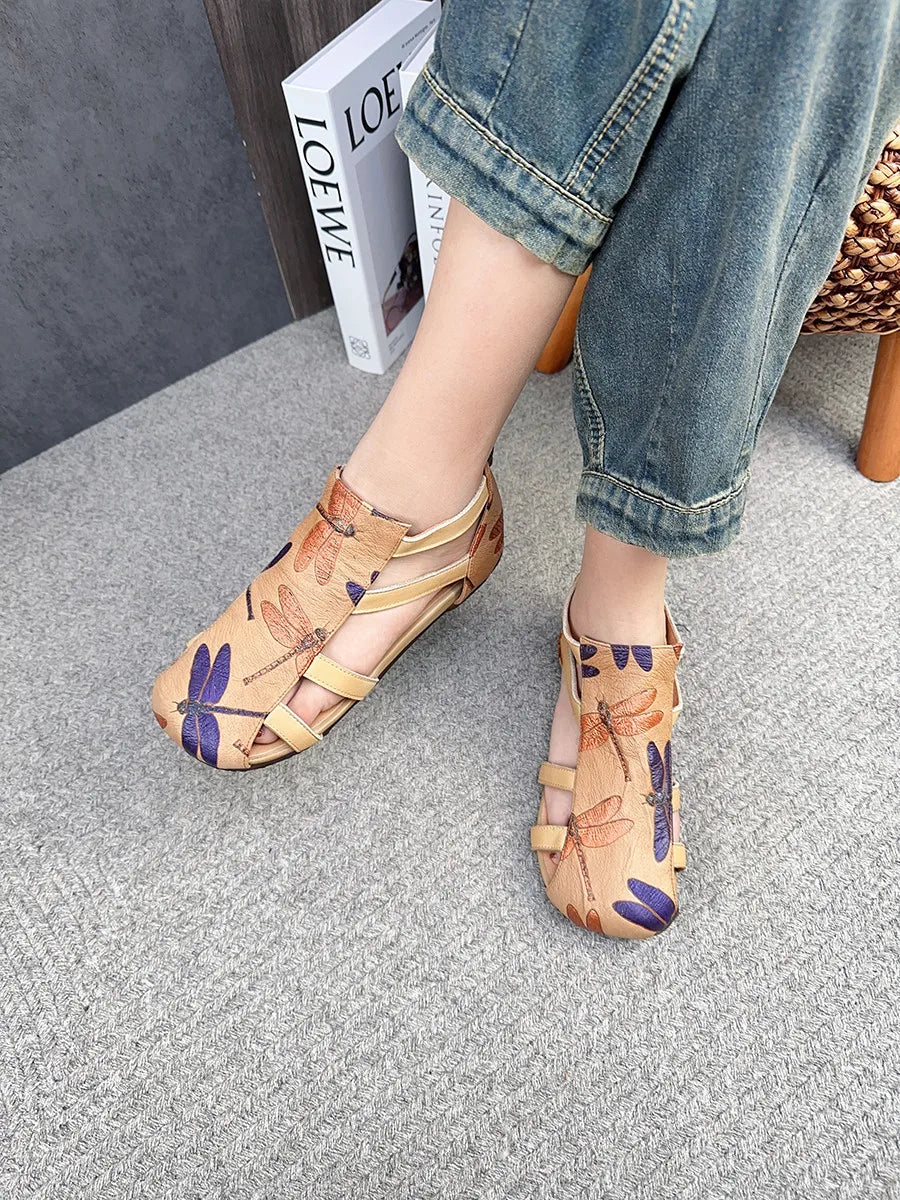 Flat Printed Genuine Leather Roman Sandals for Women