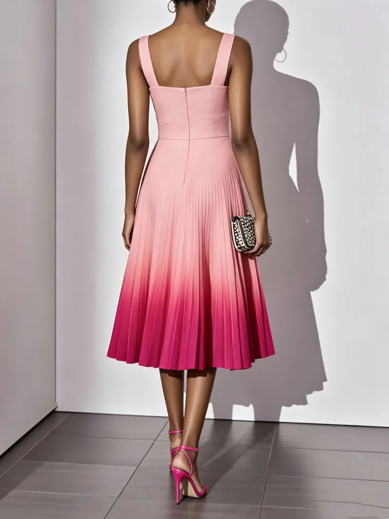Sleeveless Gradient Print A Line Pleated Midi Dress for Women
