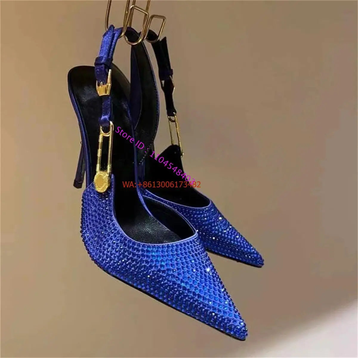 Sexy Pointed Toe Slingabck Rhinestone Sandals Lady Leather Luxury Dress Stiletto High Heel Pumps Women Shoes Metal Buckle