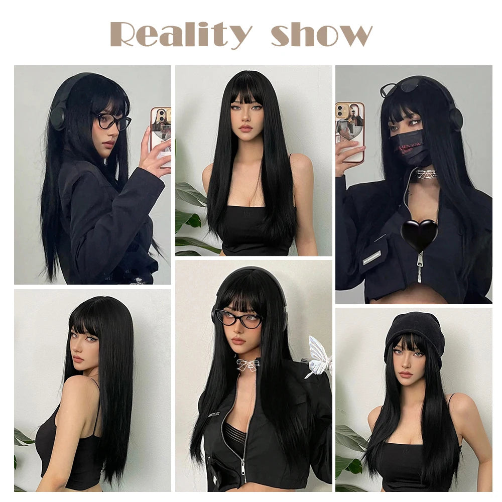 Long Straight Black Synthetic Wig With Bangs for Women