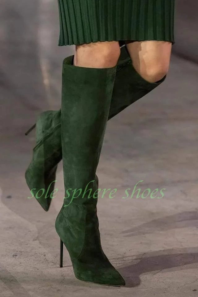 Green Suede Pointed Toe Knee Boots with Zip for Women