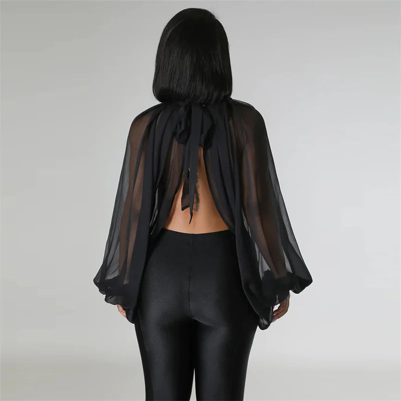 Printed Batwing Sleeve Chiffon Blouse With Sheer Front for Women