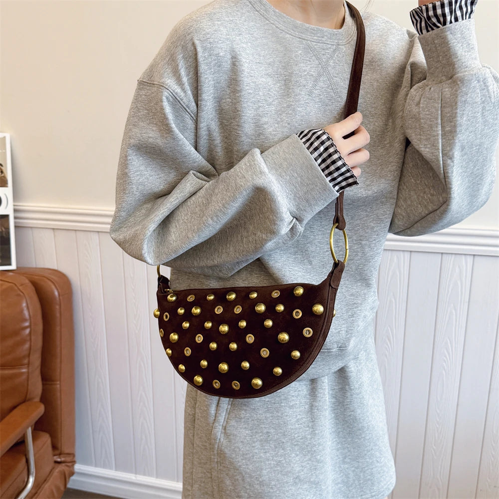 Faux Suede Rivet Half Moon Shoulder Bag for Women
