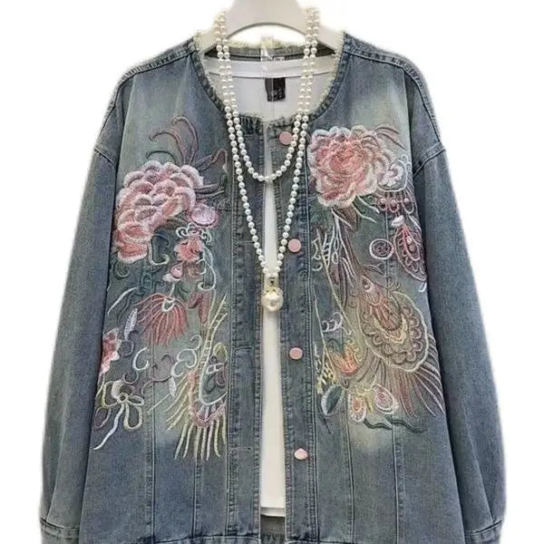 Lightweight Loose Embroidered Denim Jacket for Women