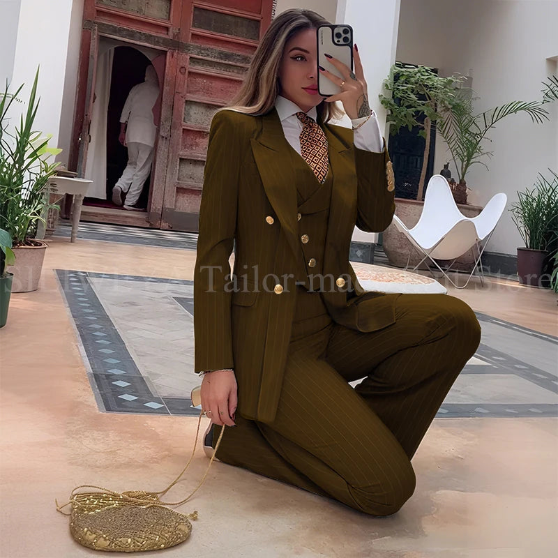 Slim Fit Double Breasted Green Striped Suit Set For Women