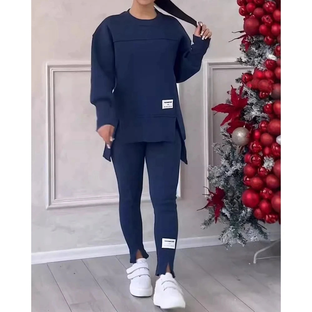 Sporty O-neck Long Sleeve Asymmetrical Sweatshirt & Skinny Pants Set Two Piece Outfits Tracksuit Sets Fall Clothing