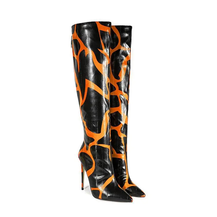 Fashion Stretch Back Zipper Stiletto Pointed Toe Knee High Boots for Women