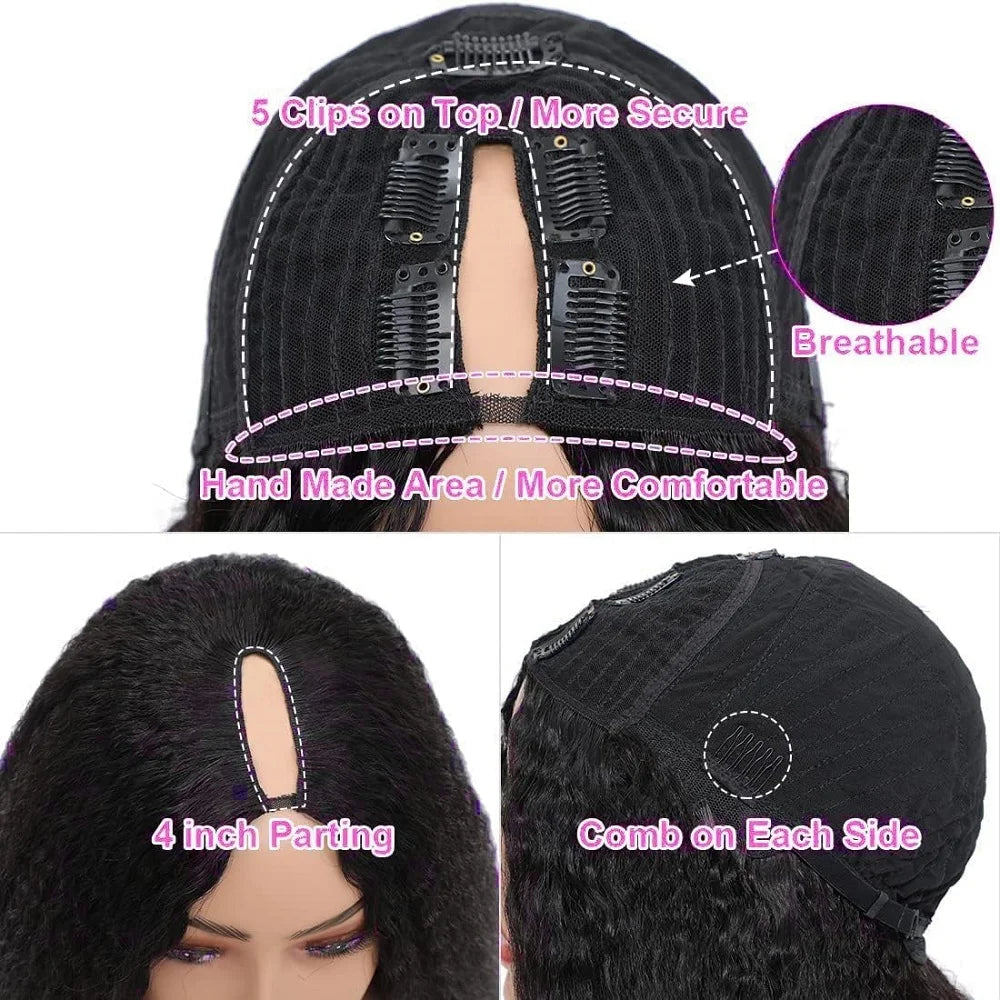 Seamless Kinky Straight V Part Glueless Human Hair Wig For Women