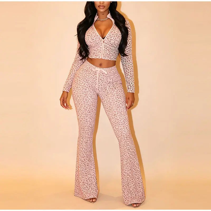 Leopard Print Stand Collar Casual Two Piece Set For Women