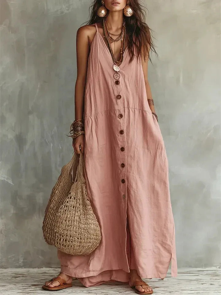 Spaghetti Strap V Neck Front Button Pocket Linen Maxi Dress for Women