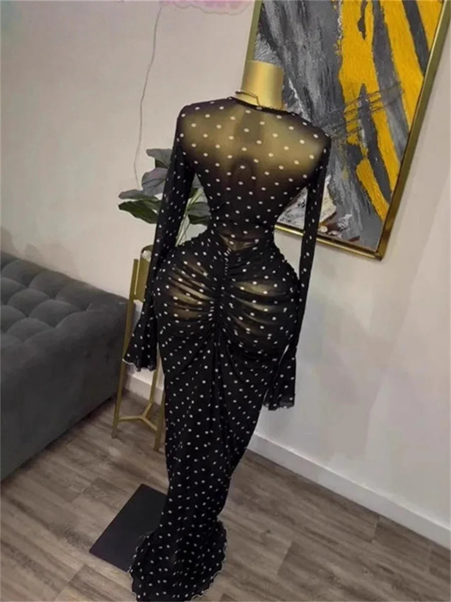 Dotted Strap Maxi Dress With Ruched Sleeves for Women