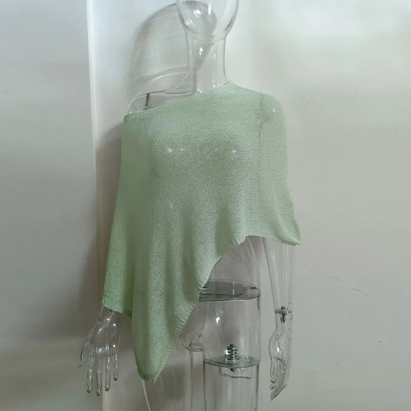 Sheer Knit O Neck Asymmetrical Loose Blouse for Women