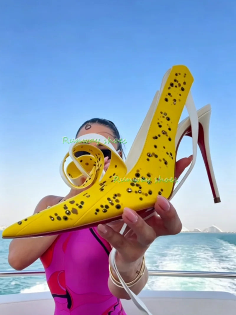 Bright Yellow Silk Pointed Stiletto Heels With Ankle Strap For Women