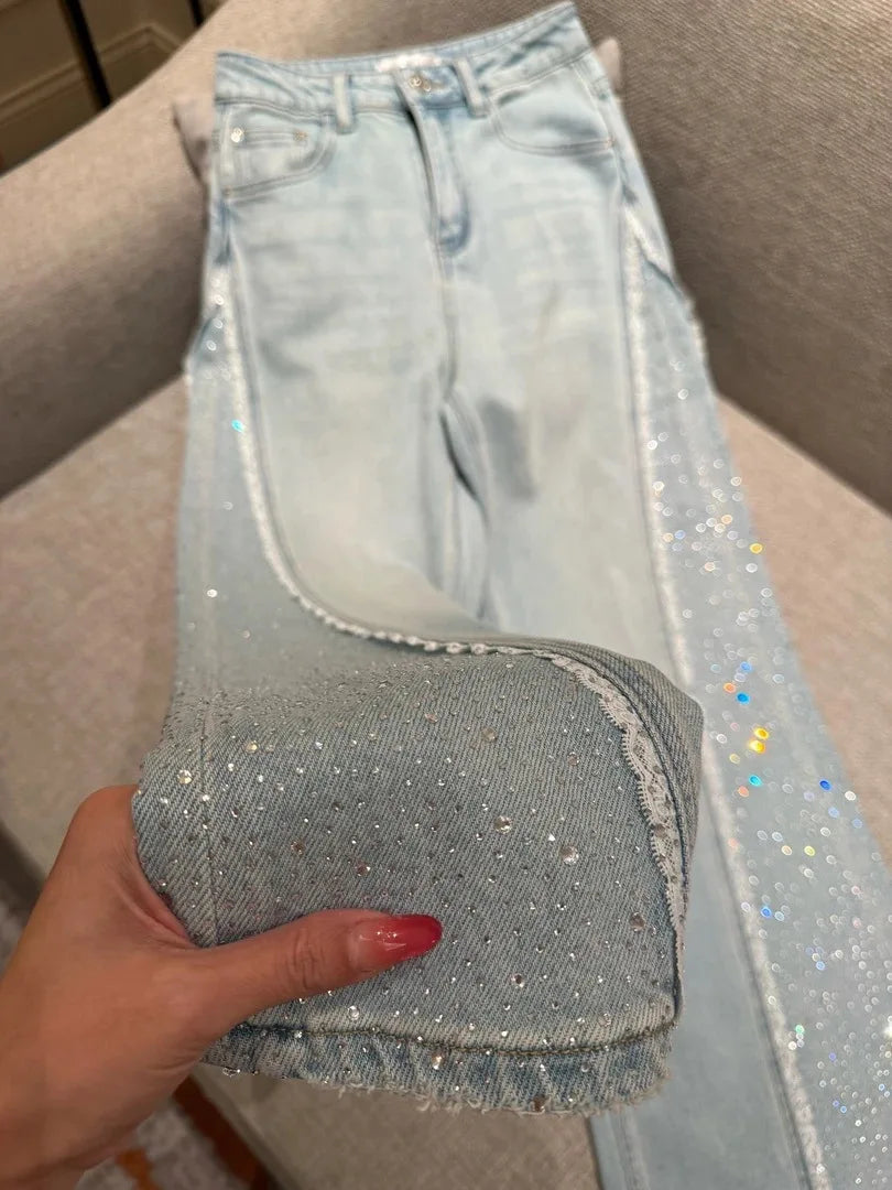 Heavy Rhinestone Embellished Washed Denim Straight Leg Jeans for Women