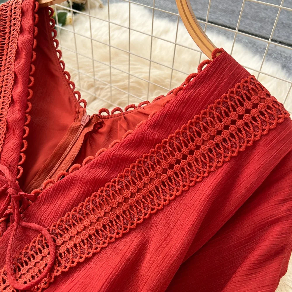 Elegant French V-Neck Waist-Cinching Maxi Dress for Women