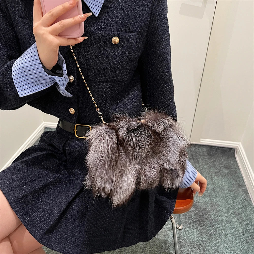 Luxurious Fox Fur Evening Clutch with Chain for Women
