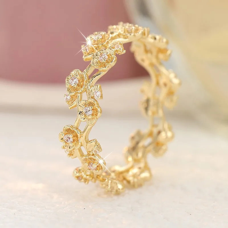 White CZ Flower Cocktail Ring With Gold Tone