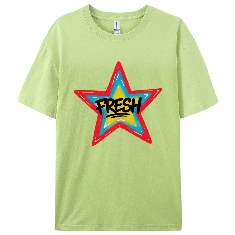 Graffiti Style FRESH Colorful Star Graphic Tee Casual White T-Shirt with Vibrant Gradient Star Design for Trendy Urban Fashion