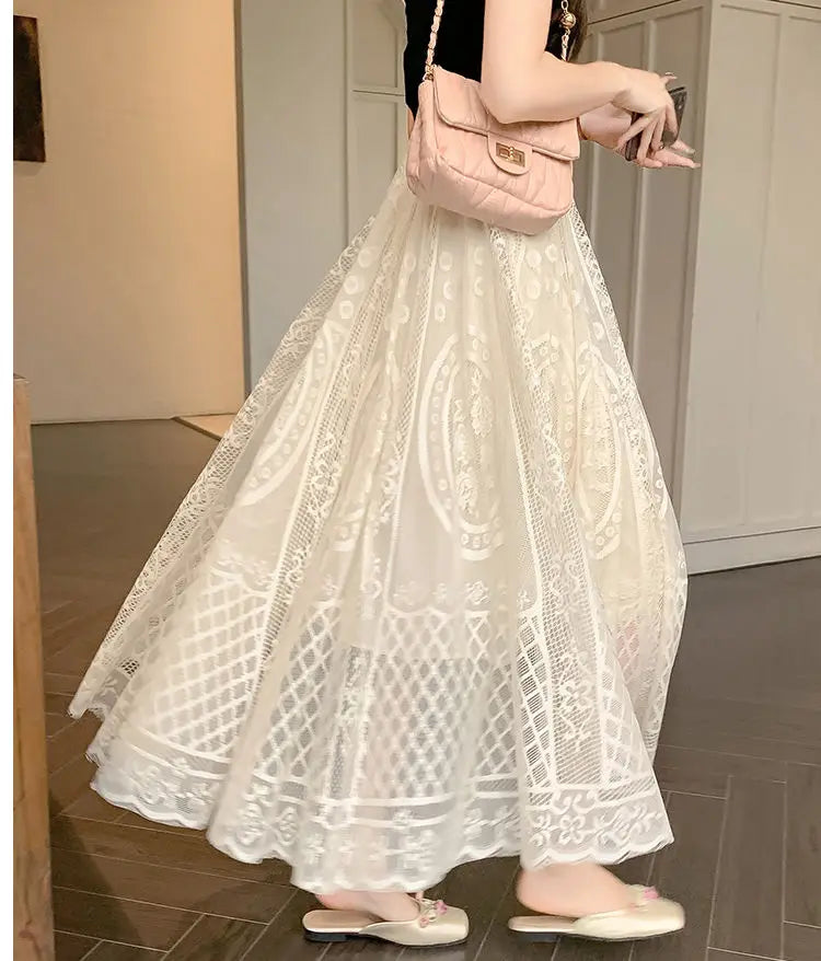 High Waisted Lace A Line Swing Midi Skirt for Women