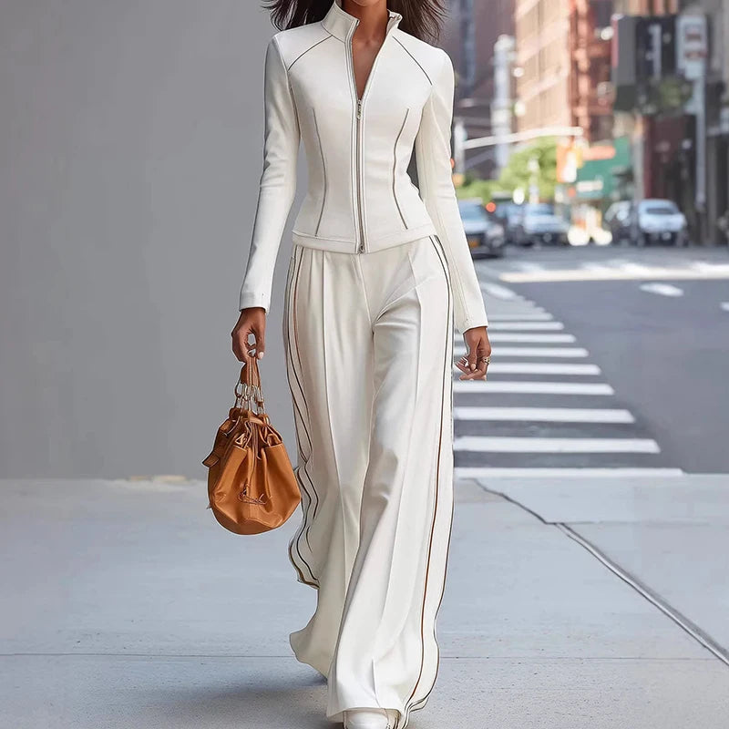 Patchwork Long Sleeve Pullover and Wide Leg Pants Set for Women