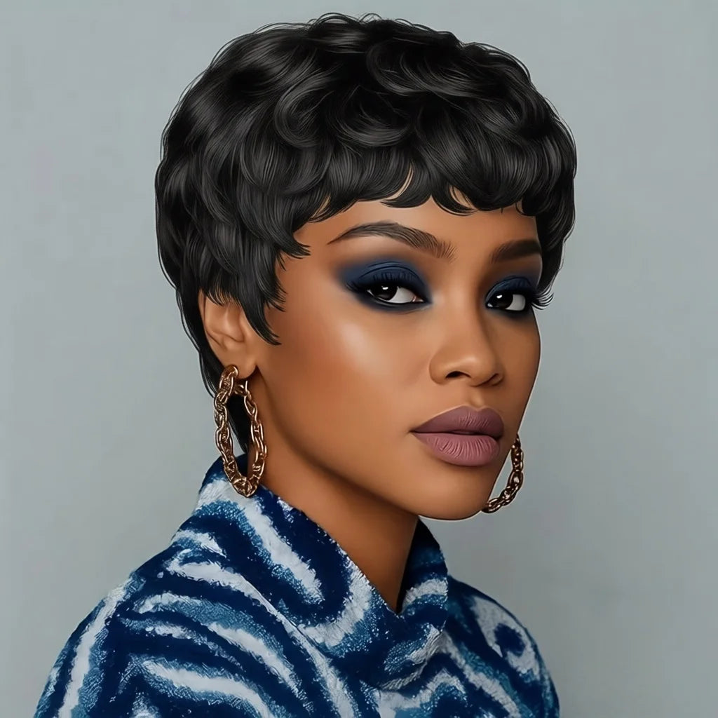 Pixie Cut Wig Curly Wave Human Hair Wigs with Bangs Full Machine Made Wig For Women