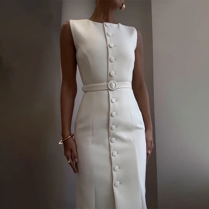 Elegant Temperament Slim Women's A-line Dress Summer Casual O Neck Button Office Dress Simple Solid Color Sleeveless Long Dress