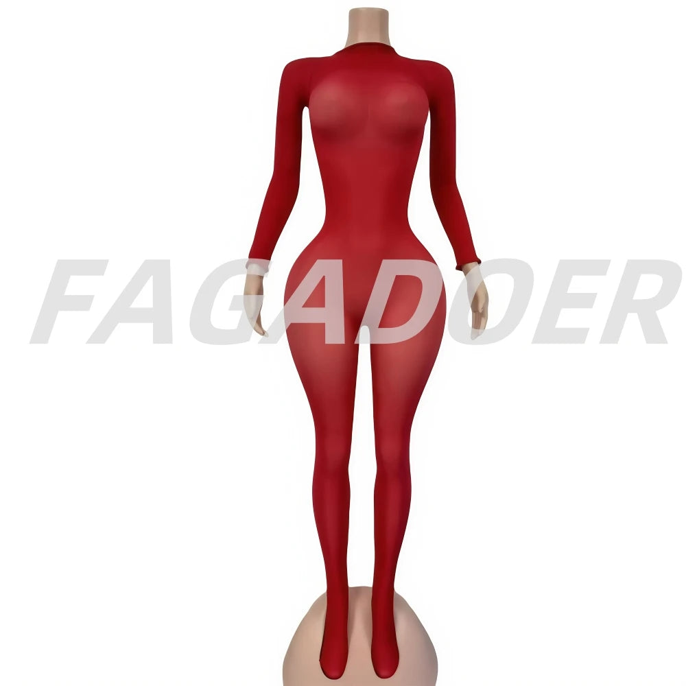 FAGADOER Summer New Sexy Mesh See Through Bodycon Jumpsuit Woman Long Sleeved Round Neck Rompers Female Party Club Overalls