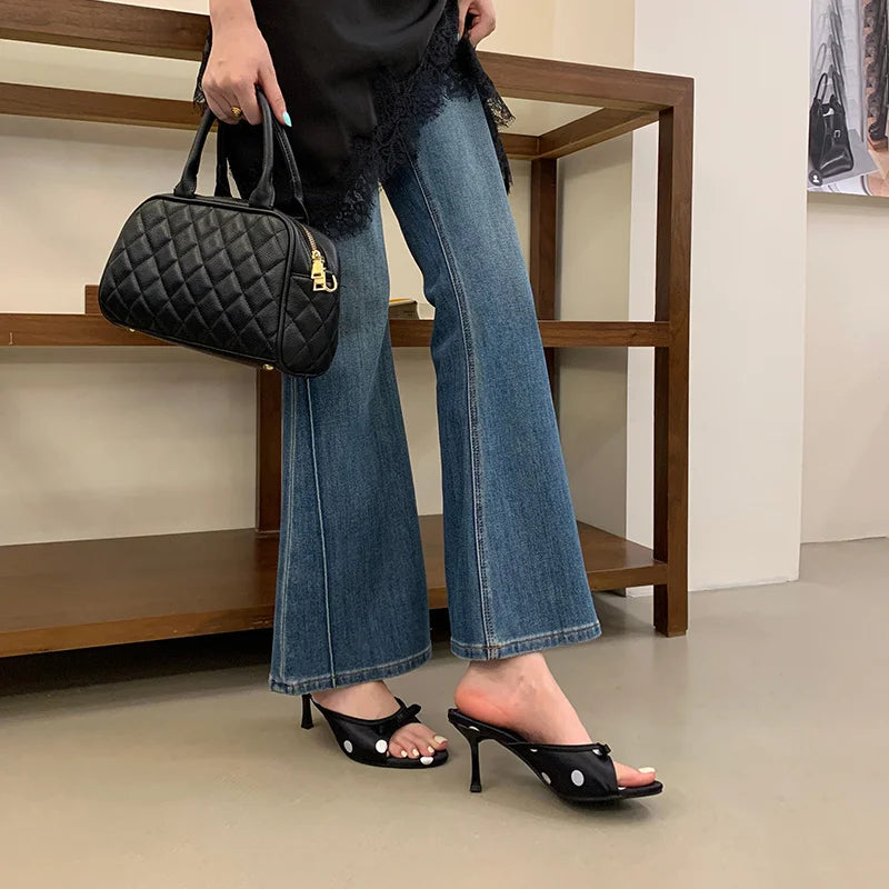Polka Dot Silk Butterfly Knot Heeled Sandals for Women