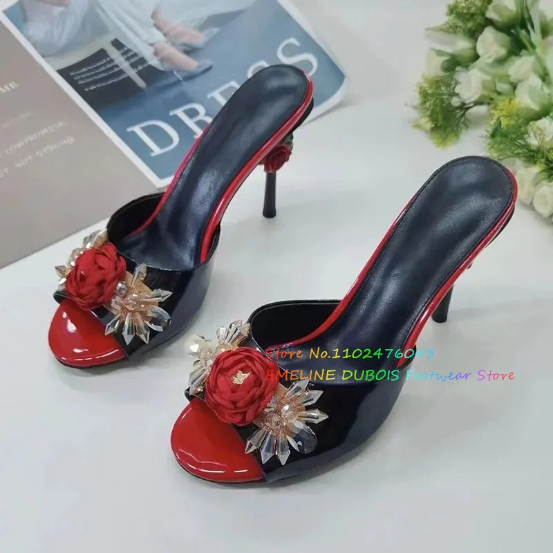 Jeweled Crystal Flower strange Heel Mules Women Leather Peep Toe Rose Decoration Slingback High Heel Slippers For Girl