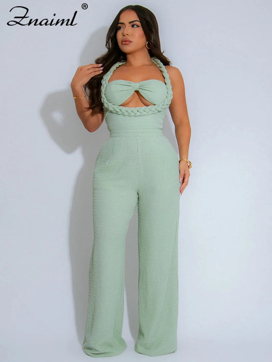 Znaiml Fashion Green Women Jumpsuits Summer Sleeveless Bandage Wide Leg Pants Loose Streetwear One Pieces Rempers Overalls 2025
