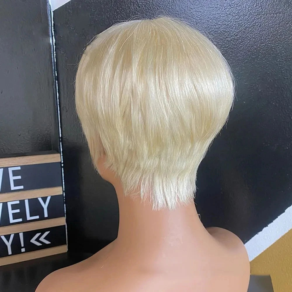 Short Platinum Blonde Pixie Cut Human Hair Wig for Women