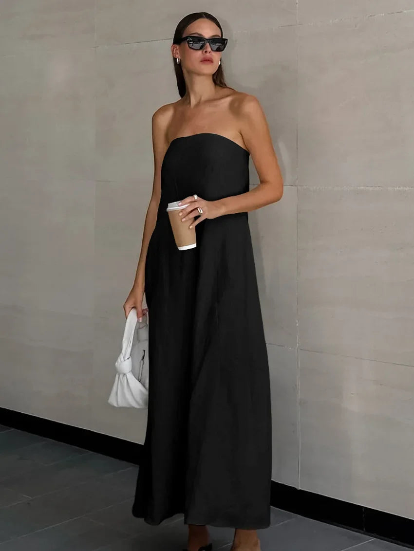 Solid Color Strapless Sleeveless Pocket Dress for Women