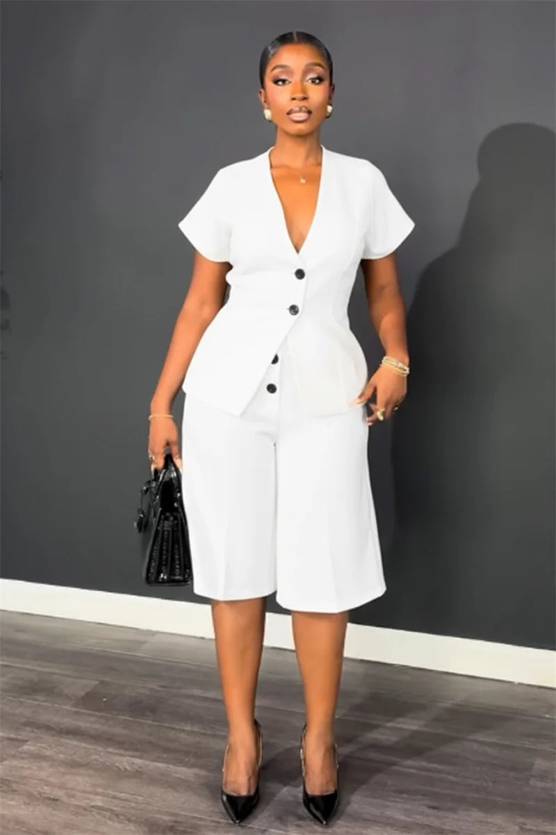 Elegant Workwear Two Piece Set with V Neck Top and Knee Length Shorts for Women
