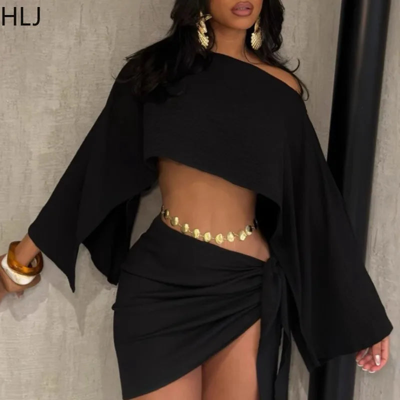 Elegant One Shoulder Crop Top and Mini Skirt Set for Women
