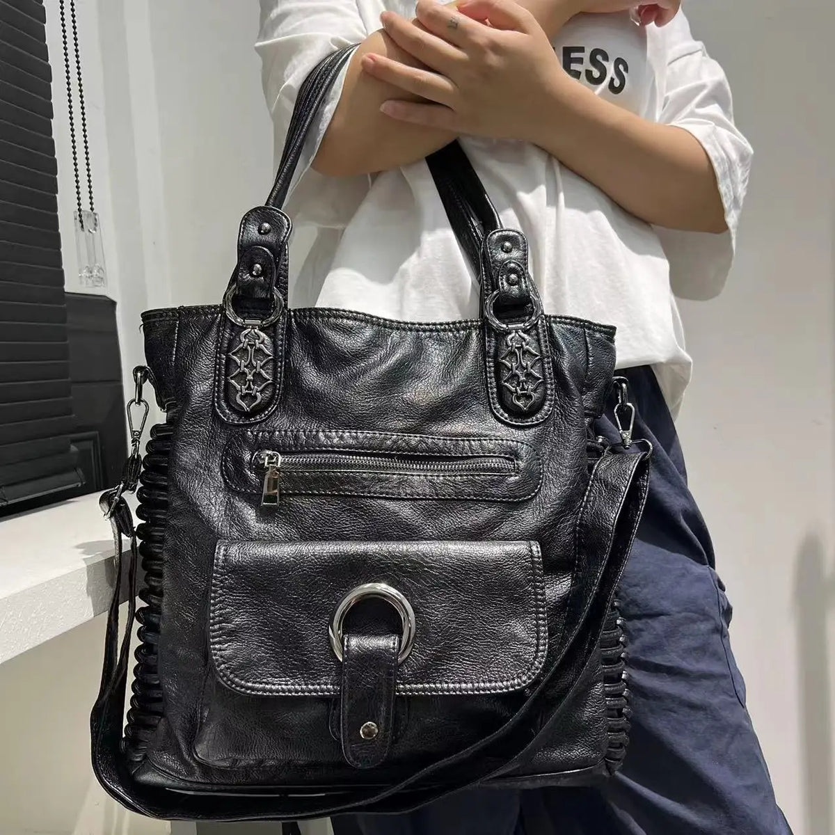 Distressed Vegan Leather Shoulder Tote Bag for Women