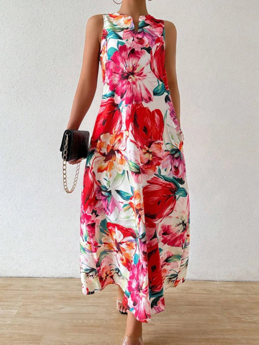Women's Fashionable V-Neck Sleeveless Dress Floral Print Lightweight Breathable Long Dress Personality Slit Design Comfort