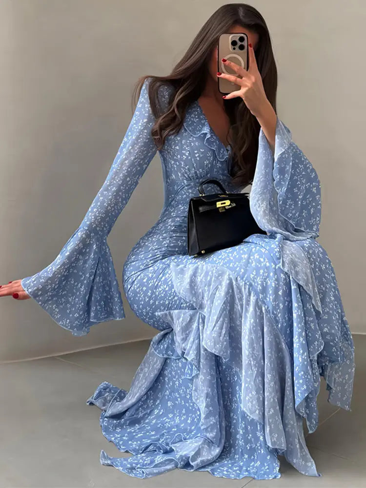 Printed V Neck Ruffle Sleeve Mid Calf Dress for Women