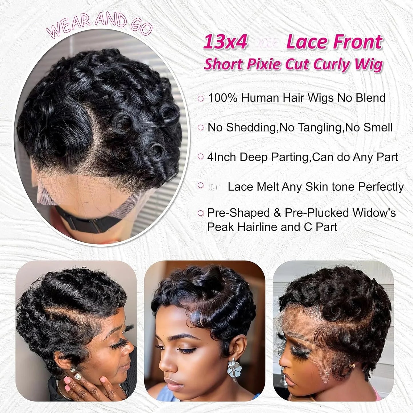 Short Layered Curly Pixie Cut Lace Front Human Hair Wig for Women