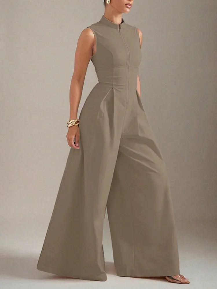 Women's Minimalist Stand Collar Zip Up High Waisted Wide Leg Jumpsuit 2026 New Sleeveless Solid Color Pleated Casual Romper