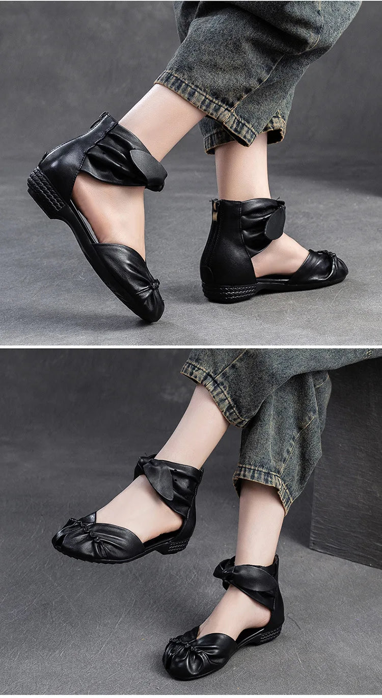 Genuine Leather Breathable Low Heel Peep Toe Sandals for Women