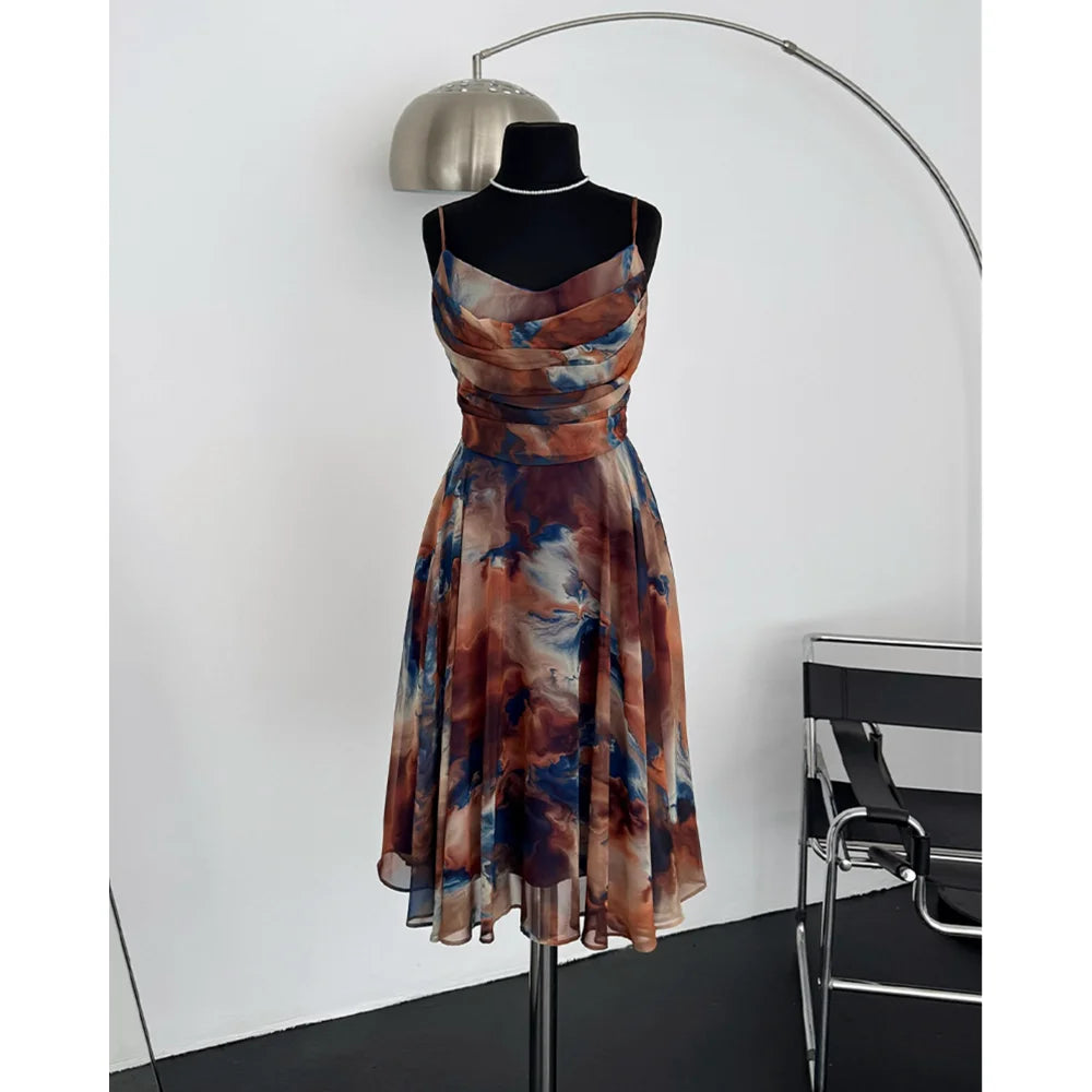 Summer Women Dress Ombre Print Spaghetti Strap Cowl Neck Dress Casual A Line Sheer Mesh Dress for Party Evening Vestidos